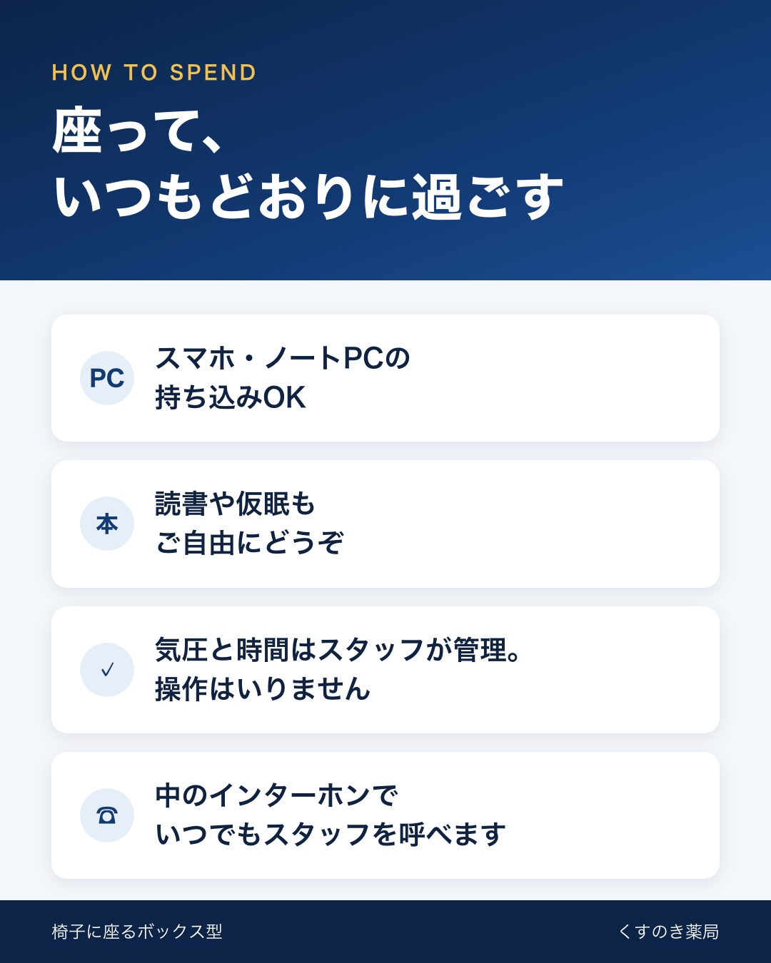 酸素ボックスでの過ごし方：スマホ・PC持ち込みOK、読書や仮眠もOK