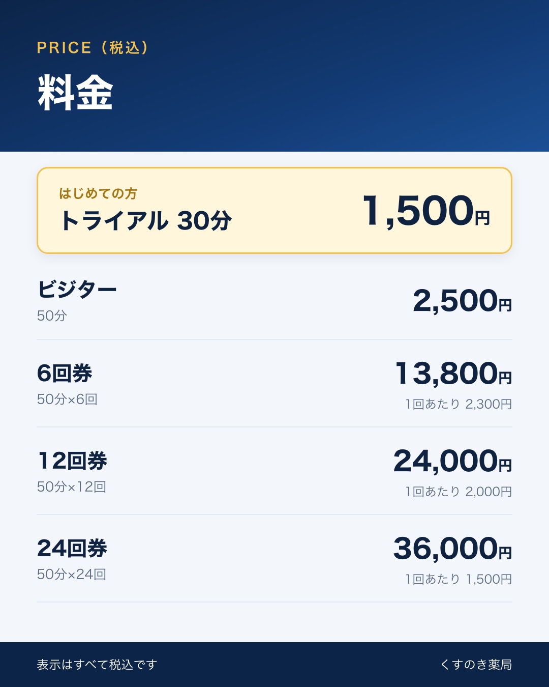 酸素ボックスの料金表（税込）